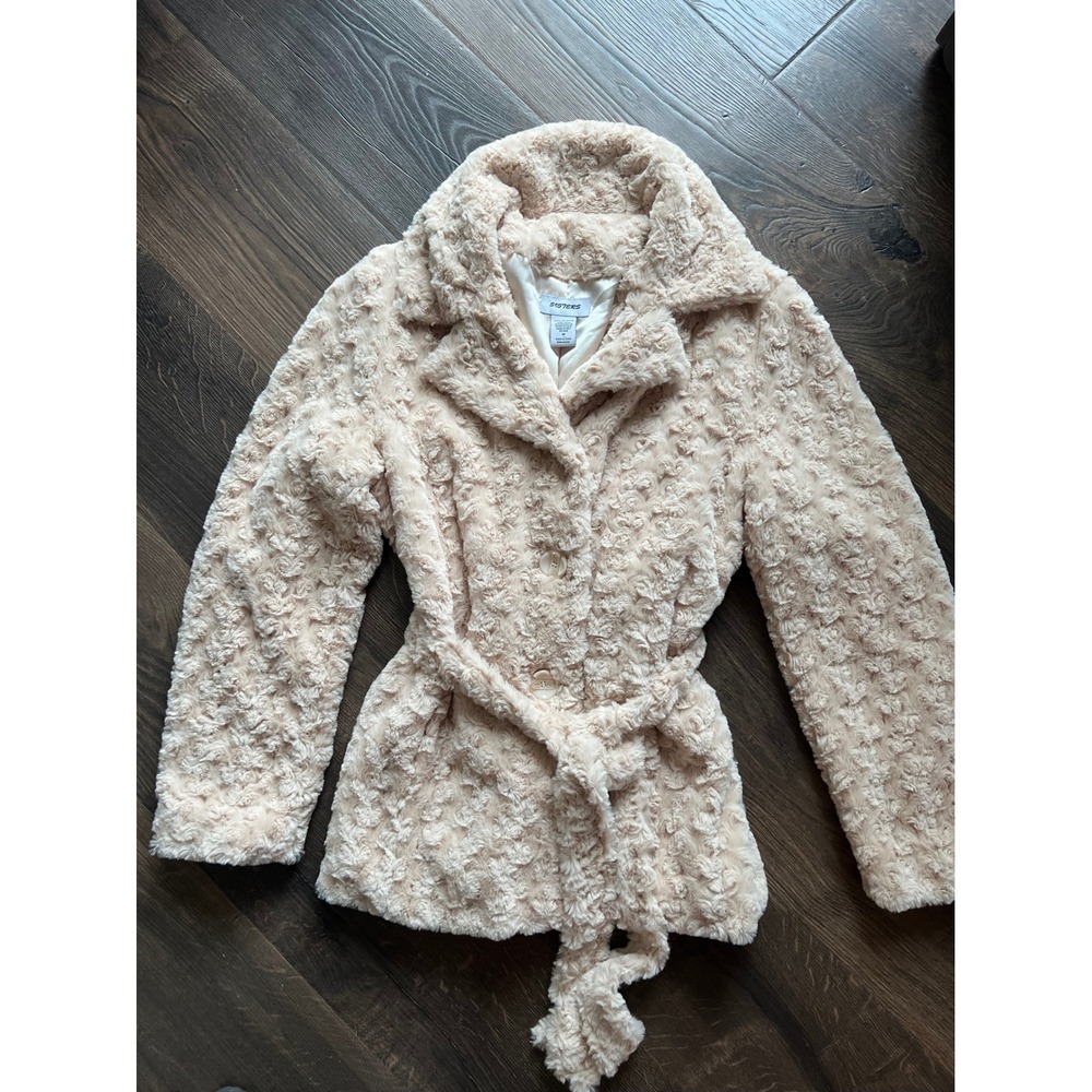 Sisters Faux‎ Fur Belted Coat Jacket Size M Beige Soft Warm Cozy Chic